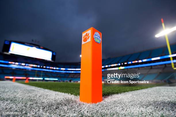 An End Zone Pylon feature the Clemson Tigers logo and the ACC Championship logo before the ACC Championship football game between the North Carolina...