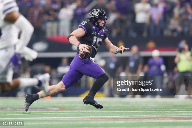 Horned Frogs quarterback Max Duggan scrambles with the ball in the Big 12 Championship Game between the TCU Horned Frogs and the Kansas State...