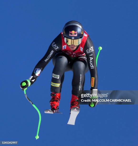 Italys Sofia Goggia races during the FIS Alpine Skiing World Cup Womens Downhill at Lake Louise, Canada, on December 3, 2022.