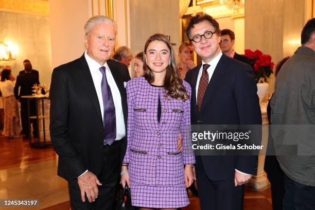Bernhard Frohwitter, Julia Frohwitter and intendant Serge Dorny during the premiere of the opera "Lohengrin" at Bayerische Staatsoper on December 3,...