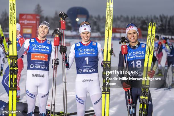 Jens Luraas Oftebro takes 1st place, Jarl Magnus Riiber of Team Norway takes 2nd place, Vinzenz Geiger of Team Germany takes 3rd place during the FIS...