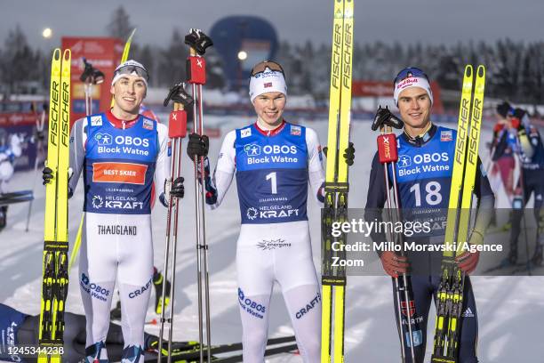 Jens Luraas Oftebro takes 1st place, Jarl Magnus Riiber of Team Norway takes 2nd place, Vinzenz Geiger of Team Germany takes 3rd place during the FIS...