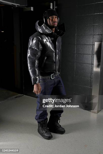 Shai Gilgeous-Alexander of the Oklahoma City Thunder arrives to the arena before the game against the Minnesota Timberwolves on December 3, 2022 at...