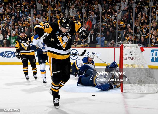 Kasperi Kapanen of the Pittsburgh Penguins celebrates his second period goal against the St. Louis Blues at PPG PAINTS Arena on December 3, 2022 in...