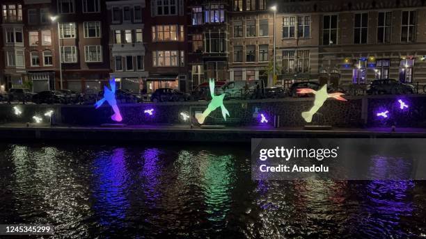 View of the light show during the Art of Light Festival in Amsterdam, Netherlands on December 03, 2022. 20 light shows were presented at the "Art of...