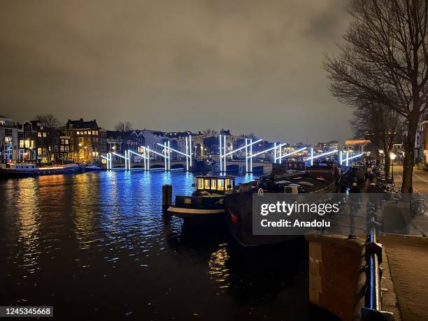 View of the light show during the Art of Light Festival in Amsterdam, Netherlands on December 03, 2022. 20 light shows were presented at the "Art of...