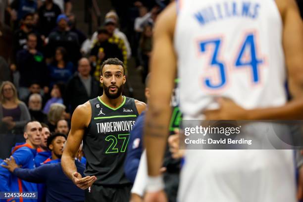 Rudy Gobert of the Minnesota Timberwolves looks on after a scrum with Kenrich Williams of the Oklahoma City Thunder in the second quarter of the game...