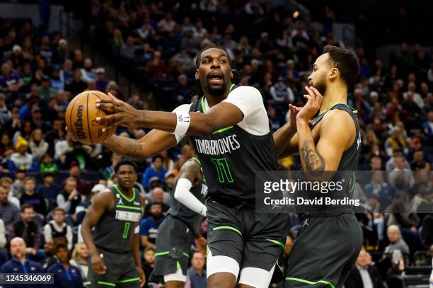 Naz Reid of the Minnesota Timberwolves rebounds the ball against the Oklahoma City Thunder in the second quarter of the game at Target Center on...