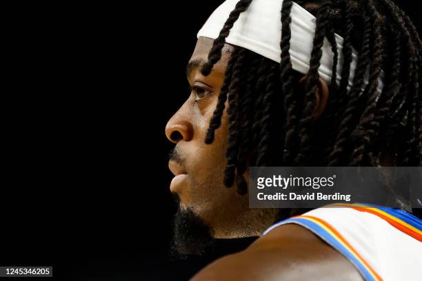 Luguentz Dort of the Oklahoma City Thunder looks on against the Minnesota Timberwolves in the second quarter of the game at Target Center on December...