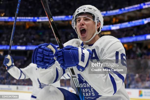 Mitchell Marner of the Toronto Maple Leafs celebrates his goal against the Tampa Bay Lightning during the third period of the game at the Amalie...