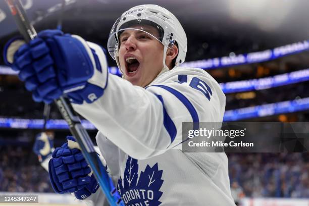 Mitchell Marner of the Toronto Maple Leafs celebrates his goal against the Tampa Bay Lightning during the third period of the game at the Amalie...