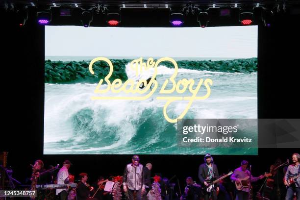 Al Jardoine, Mike Love, original members of the Beach Boys performs with the band in concert in the Etess Arena at Hard Rock Atlantic City on...