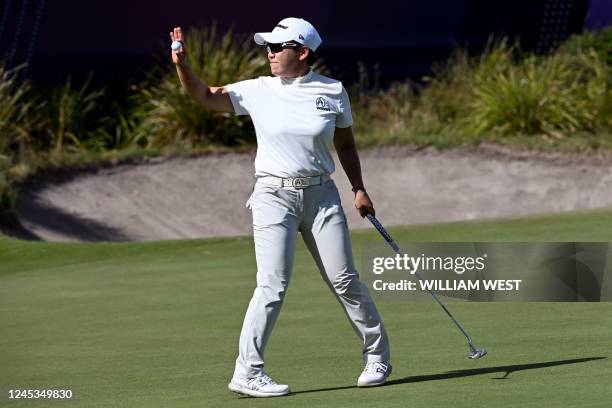 South Korea's Shin Ji-yai acknowledges the applause on the 18th green during the final round of the Women's Australian Open golf tournament at the...