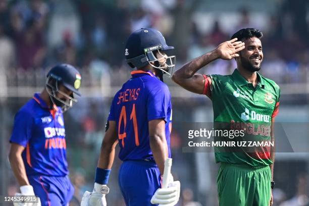 Bangladesh's Ebadot Hossain celebrates after the dismissal of India's Shreyas Iyer during the first one-day international cricket match between...