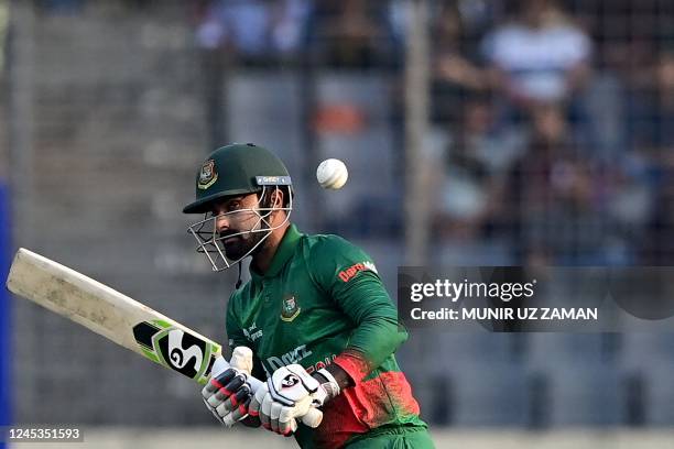 Bangladesh's Liton Das plays a shot during the first one-day international cricket match between Bangladesh and India at the Sher-e-Bangla National...