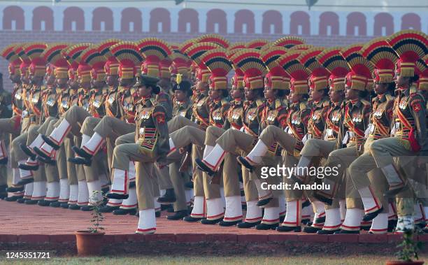 Indian Border Security Force women soldiers perform as they take part in a march past during BSF's 58th Raising Day Parade and celebrations, in...