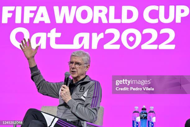Chief of Global Football Development Arsène Wenger during the FIFA Technical Study Group Media Briefing at Main Media Center on December 4, 2022 in...