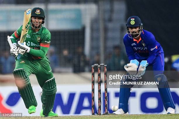 Bangladesh's Shakib Al Hasan plays a shot during the first one-day international cricket match between Bangladesh and India at the Sher-e-Bangla...