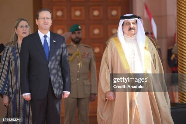 Israeli President Isaac Herzog meets with King of Bahrain Hamad bin Isa Al Khalifa at Al-Qudaibiya Palace in Manama, Bahrain on December 04, 2022.