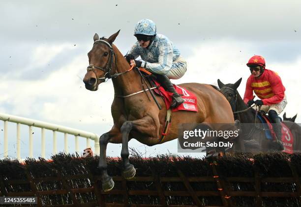 Meath , Ireland - 4 December 2022; Honeysuckle, with Rachael Blackmore up, jumps the last during the first circuit on their way to finishing third in...