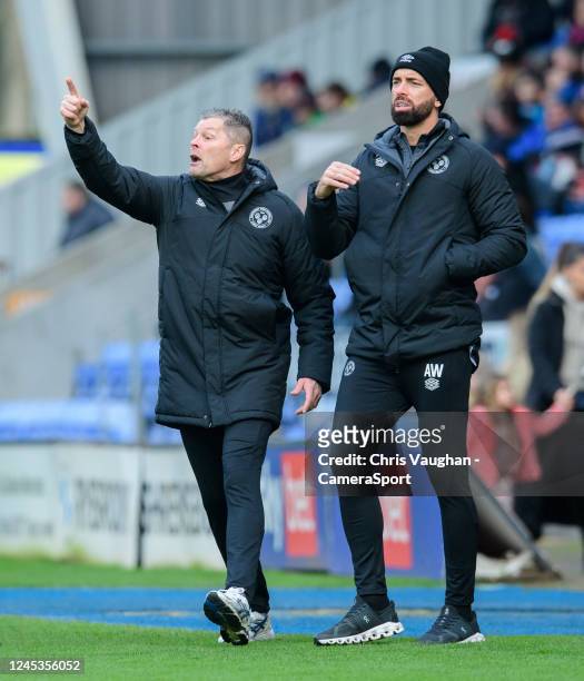 Shrewsbury Town manager Steve Cotterill, left, and Shrewsbury Town assistant manager Aaron Wilbraham during the Sky Bet League One between Shrewsbury...