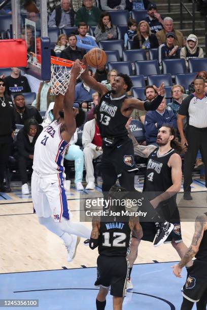Jaren Jackson Jr. #13 of the Memphis Grizzlies blocks the shot of Joel Embiid of the Philadelphia 76ers on December 2, 2022 at FedExForum in Memphis,...