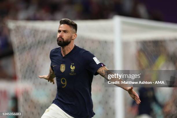 Olivier Giroud of France celebrates after scoring a goal to make it 1-0 during the FIFA World Cup Qatar 2022 Round of 16 match between France and...