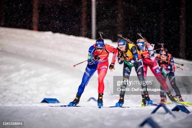 Julia Simon of France in action competes during the Women 10 km Pursuit at the BMW IBU World Cup Biathlon Kontiolahti on December 4, 2022 in...