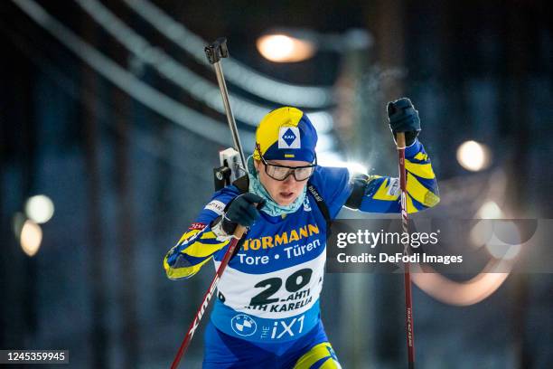 Darya Blashko of Ukraine in action competes during the Women 7.5 km Sprint at the BMW IBU World Cup Biathlon Kontiolahti on December 3, 2022 in...