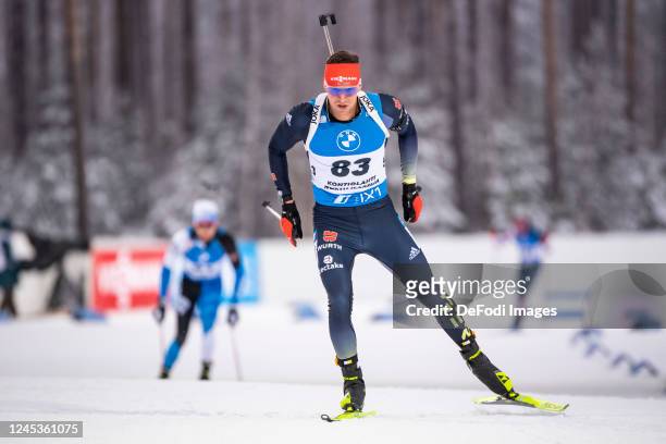Philipp Nawrath of Germany in action competes during the Men 10 km Sprint at the BMW IBU World Cup Biathlon Kontiolahti on December 3, 2022 in...