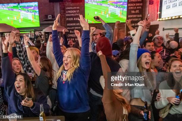 Hermosa Beach, CA Supporters celebrate as U.S. Men's national team scores their first and only goal against Netherlands, while watching World Cup...