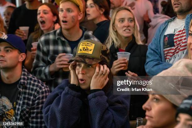 Hermosa Beach, CA Allie Paul reacts as U.S. Men's national team misses scoring against Netherlands, watching World Cup soccer live telecast from...