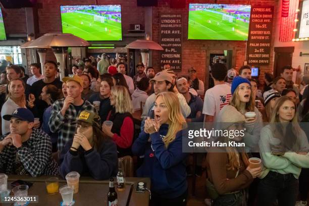 Hermosa Beach, CA People react as U.S. Men's national team misses scoring against Netherlands, watching World Cup soccer live telecast from Qatar, at...