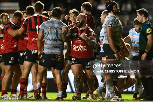 Toulon's Georgian prop Beka Gigashvili celebrates after scoring a try during the French Top14 rugby union match between RC Toulon and Racing 92, at...