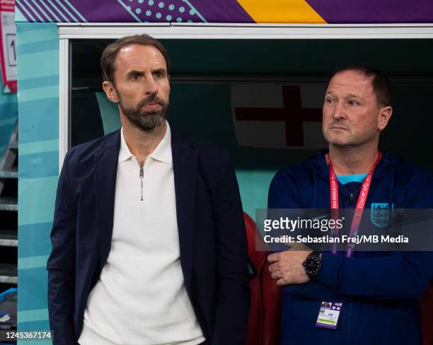 England Manager Gareth Southgate and England Assistant Manager Steve Holland before the FIFA World Cup Qatar 2022 Round of 16 match between England...