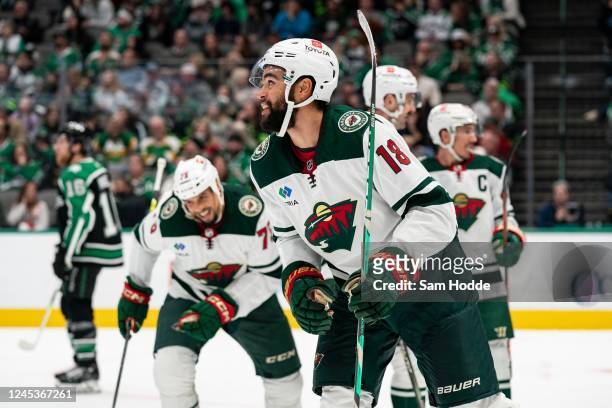 Jordan Greenway of the Minnesota Wild skates off the ice after scoring a goal during the second period against the Dallas Stars at American Airlines...