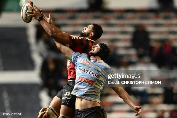 Toulon's French lock Swan Rebbadj wins the line-out during the French Top14 rugby union match between RC Toulon and Racing 92, at Mayol stadium in...