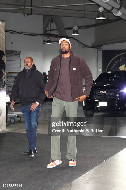 Kevin Durant of the Brooklyn Nets arrives to the arena before the game against the Boston Celtics on December 4, 2022 at Barclays Center in Brooklyn,...