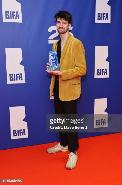 Sean Lìonadh, winner of the Best British Short Film award for "Too Rough", poses in the winners room at the 25th British Independent Film Awards at...