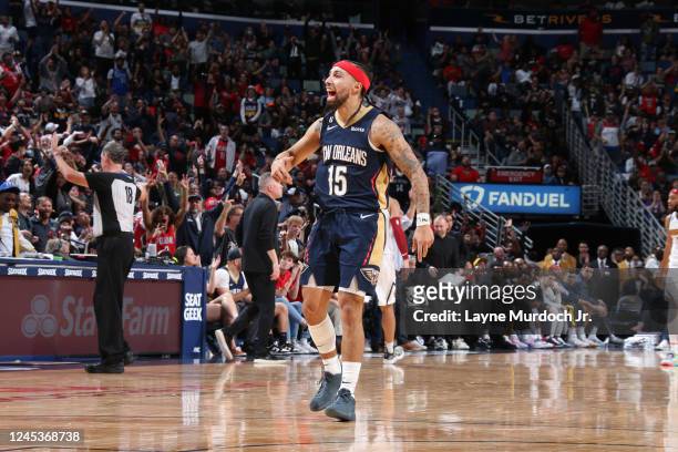 Jose Alvarado of the New Orleans Pelicans celebrates during the game against the Denver Nuggets on December 4, 2022 at the Smoothie King Center in...