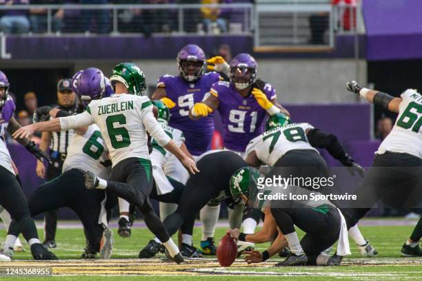 New York Jets place kicker Greg Zuerlein kicks a field goal during the NFL game between the New York Jets and the Minnesota Vikings on December 4th...