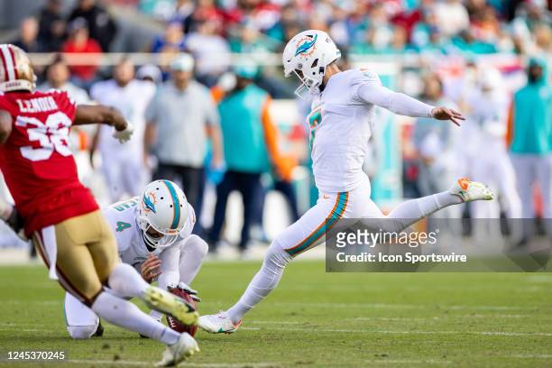Miami Dolphins place kicker Jason Sanders kicks a field goal during the NFL professional football game between the Miami Dolphins and San Francisco...