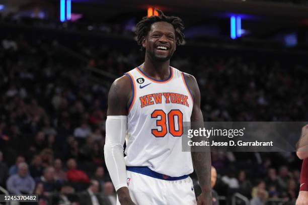 Julius Randle of the New York Knicks smiles during the game against the Cleveland Cavaliers on December 4, 2022 at Madison Square Garden in New York...