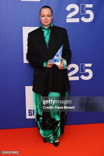 Samantha Morton, winner of the Richard Harris award, poses in the winners room at the 25th British Independent Film Awards at Old Billingsgate on...