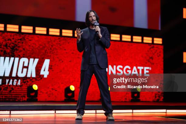 Keanu Reeves speaks during a panel of "John Wick 4" at the Thunder Stage at Sao Paulo Expo on December 03, 2022 in Sao Paulo, Brazil.