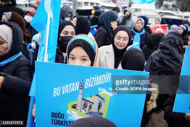 Young girl holds a placard saying 'this country 'East Turkestan' is ours' during a demonstration. People protest against China's human rights...