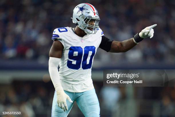 DeMarcus Lawrence of the Dallas Cowboys defends against the Indianapolis Colts during the second half at AT&T Stadium on December 4, 2022 in...