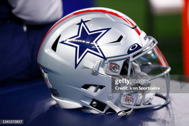 Dallas Cowboys helmet sits on a cart during and NFL game between the Indianapolis Colts and the Dallas Cowboys on December 04, 2022 at AT&T Stadium...