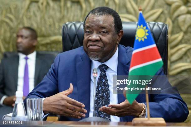 December 2022, Namibia, Windhuk: Hage Gottfried Geingob, President of Namibia, speaks at a meeting with German Economics Minister Habeck and business...