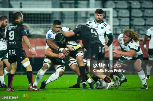 Tyrone VIIGA of Montauban, Toby SALMON of Rouen Normandie Rugby, Martinus Abraham BURGER of Rouen Normandie Rugby during the Pro D2 match between...